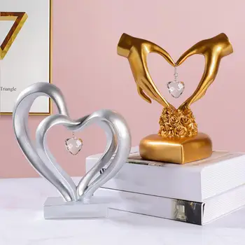 Resina em formato de Coração, Secretária Ornamento atraente Ouro Prata Feliz Aniversário Duplo Coração Falso Cristal de são Valentim Ornamento