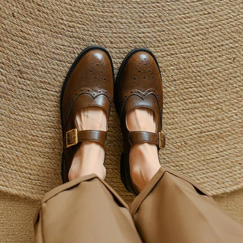 2022 Queda Mulheres Sapatos De Dedo Do Pé Redondo Chunky Calcanhar Mary Janes Baixa De Calcanhar Bombas De Mulheres Sapatos De Couro De Novilho Retro Sapatos Oxford Marrom
