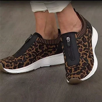 Moda Das Mulheres Sapatos De Desporto De Verão De Malha Leopardo Cor Sólida Casual Senhoras Vulcanizada Sapatos Respirável Flats Zíper Feminino Tênis