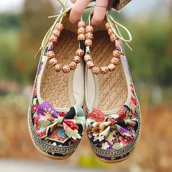 YRZP de Moda para Senhoras com estampa Floral e Sapatos Budismo Beading Correia de Mulheres de Lona Sapatilhas Coloridas de Volta Rendas até sapatos feitos à mão