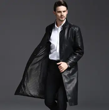 Stand colarinho 219 outono longos casacos de couro homens casual double breasted casaco mens de couro, trench coats preto da forma M - 3XL