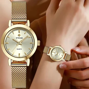 Moda Relógio Elegante Para as Mulheres WWOOR Luxo de Ouro da Senhora do Vestido de Quartzo relógio de Pulso Pulseira de Malha de Pulseira do sexo Feminino Relógio Relógio Feminino